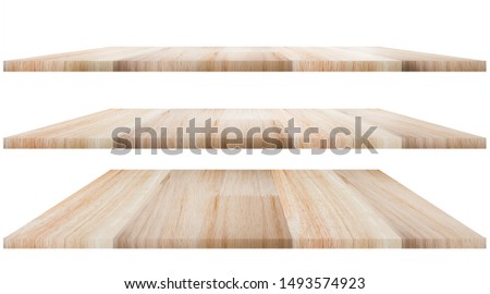 Three shelves wooden top, blank space for product montage. Wood table on white background. Royalty-Free Stock Photo #1493574923