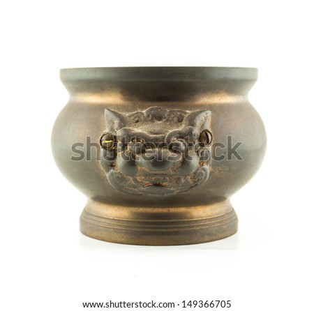 joss stick pot  incense burner with lion statue on white