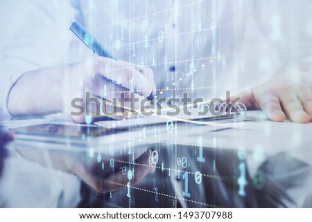 Writing man's hand with data icons.