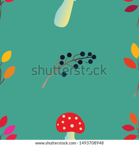 Autumn vector seamless pattern with berries, acorns, pine cone, mushrooms, branches and leaves. Fashion, fabric and prints, wrapping paper.