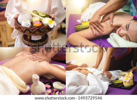 
Set photos of 4 fotos.Collage of many pictures with massage and body care. Young woman tan or honey skin receiving  relaxing shoulders and back  massaging in a spa house  for beauty care.