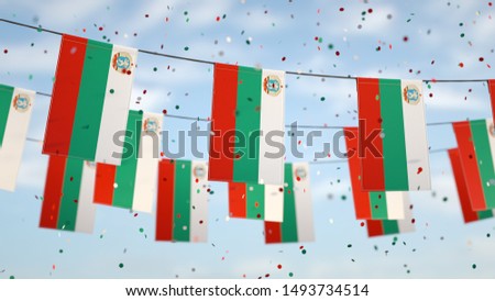 Bulgaria flags in the sky with confetti.