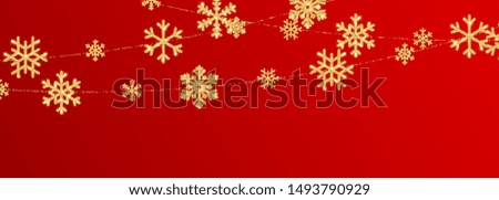 Christmas or New Year golden snowflake decoration garland on red background. Hanging glitter snowflake. Vector illustration.