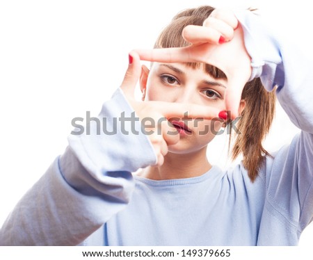 girl focusing using fingers on a white background