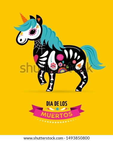 Day of the dead, Dia de los muertos, Unicorn skull and skeleton decorated with colorful Mexican elements and flowers. Fiesta, Halloween, holiday poster, party flyer. Vector illustration