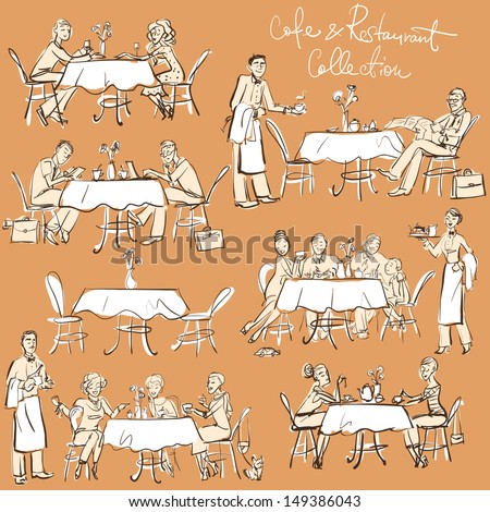People at cafe and restaurant - Hand drawn Collection. Clip Art.