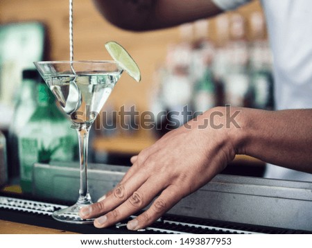 Male bartender stirring cocktail in martini glass