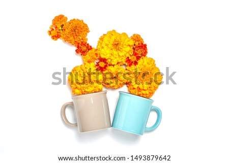 autumn concept. tea cups with fresh orange flowers on white background. top view, flat lay