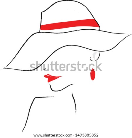 The profile of a woman in a stylish hat is featured in a minimalist fashion and beauty illustration.