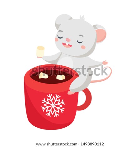 Cartoon mouse. Cute rat sit on cup wit hot cocoa and marshmellow
