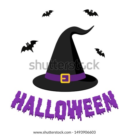 Happy Halloween text postcard banner with big black witch hat, bats and text happy halloween isolated on white background flat style design.