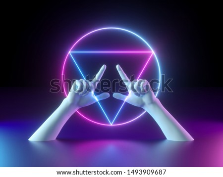 3d render, neon minimal background, white mannequin hands isolated on black, pink blue glowing abstract geometric sign, sacred geometry, ultraviolet light, halloween occult ritual, spiritual concept