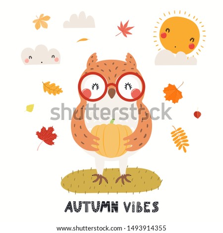 Hand drawn vector illustration of a cute owl in glasses, with pumpkin, leaves, quote Autumn vibes. Isolated objects on white background. Scandinavian style flat design. Concept for children print.