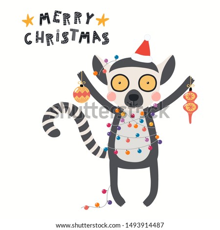 Hand drawn card with cute lemur in Santa hat, lights, with ornaments, quote Merry Christmas. Vector illustration. Isolated objects on white. Scandinavian style flat design. Concept for kids print.