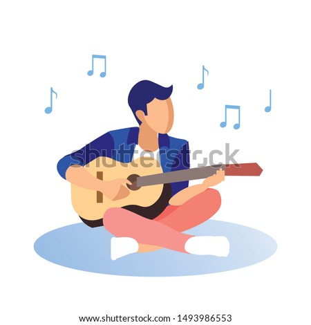 Man in Red Pants and Blue Blazer Playing Guitar on White Background. Coworking Center. Hobby Young People. Vector Illustration. Man Presents New Song. Guy in White Shoes Plays Melody on Guitar.