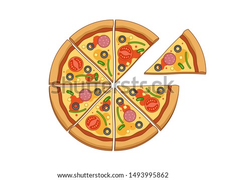 Top wiev vector pizza. Eight slices of pizza isolated on white