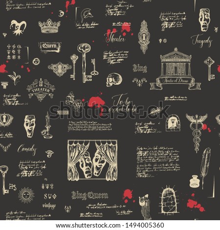 Vector seamless pattern on the theme of theater and drama with drawings and lettering in vintage style. Retro wallpaper, wrapping paper or backdrop for textile with sketches and blots
