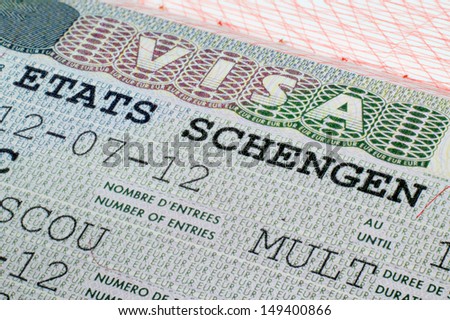 Close up Schengen visa in the passport
