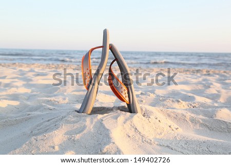 Pictured slippers sand and sea