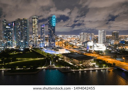 Aerial Miami night city scene Museum Park