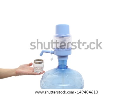 A bottle of water and a hand with a glass.