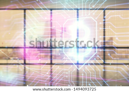 Double exposure of blockchain theme hologram on empty room interior background. Cryptocurrency concept.