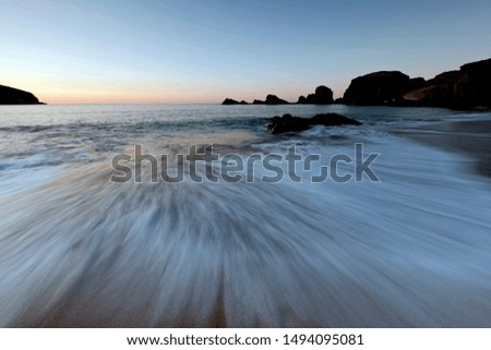 The bay at Midlands on the North Sea in Scotland is one of the most picturesque beaches in the UK. This picture was taken at dusk.