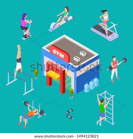 Isometric sport club concept. Vector gym building and fitness equipment. Fitness people training