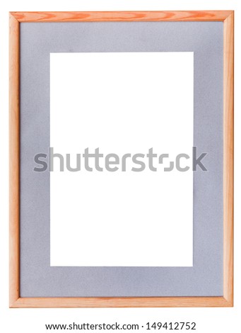 narrow wooden picture frame with grey mat with cutout canvas isolated on white background