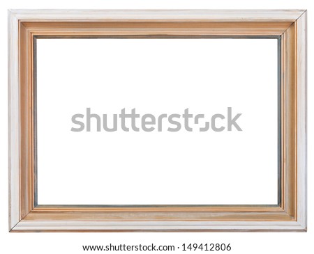 simple white pained old wooden picture frame with cutout canvas isolated on white background