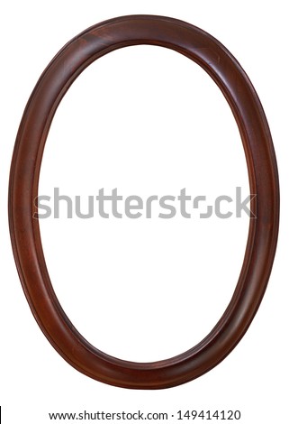 dark brown oval wooden picture frame with cutout canvas isolated on white background