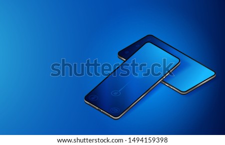 The presentation of the two smartphones. Modern technological devices. Technology unlock the touch phone with a fingerprint. Realistic 3d isometric illustration.