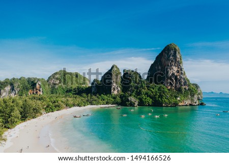 Krabi - Railay beach seen from a drone. One of Thailand's most famous luxurious beach.  Royalty-Free Stock Photo #1494166526
