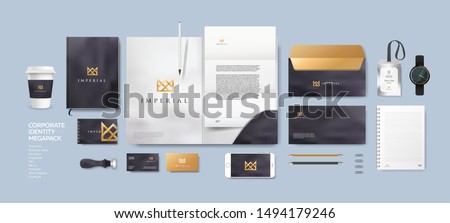 Corporate identity premium branding design. Stationery mockup vector megapack set. Template for business or finance company. Folder and A4 letter, visiting card and envelope based on modern gold logo. Royalty-Free Stock Photo #1494179246