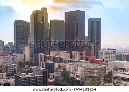 Aerial Los Angeles downtown skyscrapes in Los Angeles Californai USA