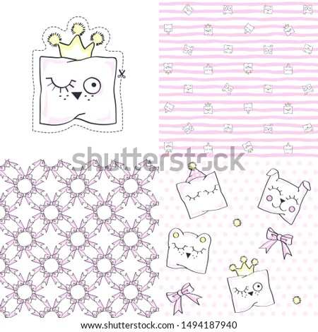 Set. Funny pillows. Vector illustration with baby patterns.