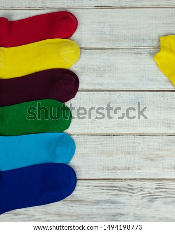 Multi-colored socks on a white background with a tree