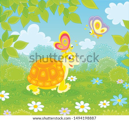Friendly smiling turtle playing with colorful butterflies on green grass of a forest glade on a wonderful summer day, vector illustration in a cartoon style