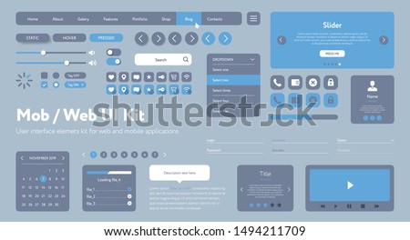 Vector UI UX kit for mobile applications and web sites. Universal user interface template with responsive design, tools and buttons. Flat menu icons and control elements on color blue background. Royalty-Free Stock Photo #1494211709