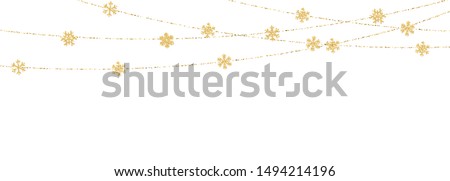 Christmas or New Year golden snowflake decoration garland on white background. Hanging glitter snowflake. Vector illustration. Royalty-Free Stock Photo #1494214196