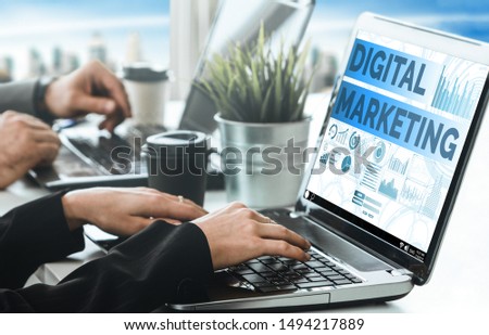 Digital Marketing Technology Solution for Online Business Concept - Graphic interface showing analytic diagram of online market promotion strategy on digital advertising platform via social media.