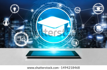 E-learning and Online Education for Student and University Concept. Graphic interface showing technology of digital training course for people to do remote learning from anywhere. Royalty-Free Stock Photo #1494218468