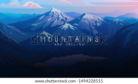 Layered mountains banner. Dark blue landscape and pastel sunset. Hiking and camping concept. Unbelievable Fog in the swiss valley and Austrian Alps and forest. Vector Background for travel poster.