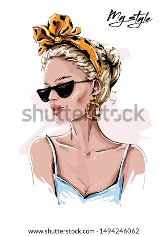 Hand drawn beautiful young woman in sunglasses. Stylish girl in headband with leopard print. Fashion woman look. Sketch. Vector illustration. Royalty-Free Stock Photo #1494246062
