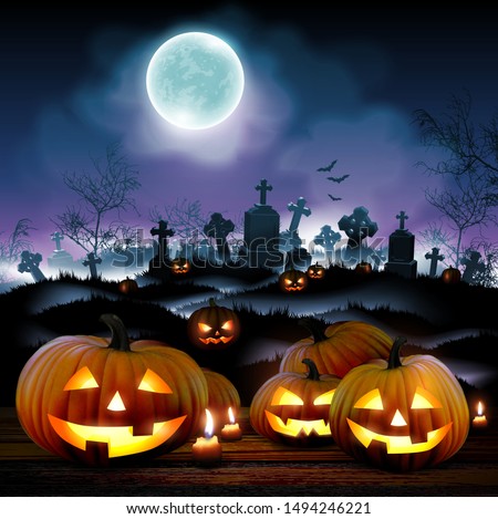Halloween night  background with a cemetery and pumpkins and  moon. High detailed realistic illustration
