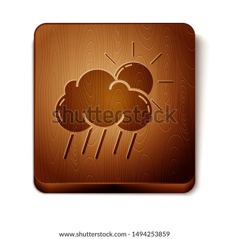 Brown Cloud with rain and sun icon isolated on white background. Rain cloud precipitation with rain drops. Wooden square button. Vector Illustration