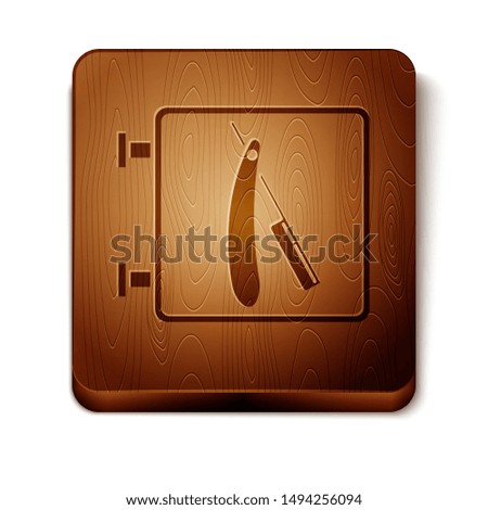 Brown Barbershop with razor icon isolated on white background. Hairdresser logo or signboard. Wooden square button. Vector Illustration
