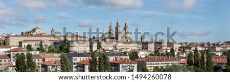 Santiago de Compostela wide panoramic view. Cityscape UNESCO World Heritage Site. Galicia, Spain