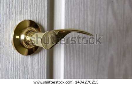 Closeup photo of metal door handle in modern style.Golden door knob on the white door close up