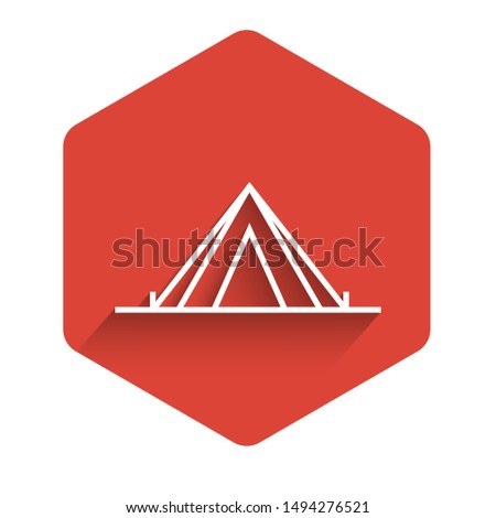 White line Tourist tent icon isolated with long shadow. Camping symbol. Red hexagon button. Vector Illustration